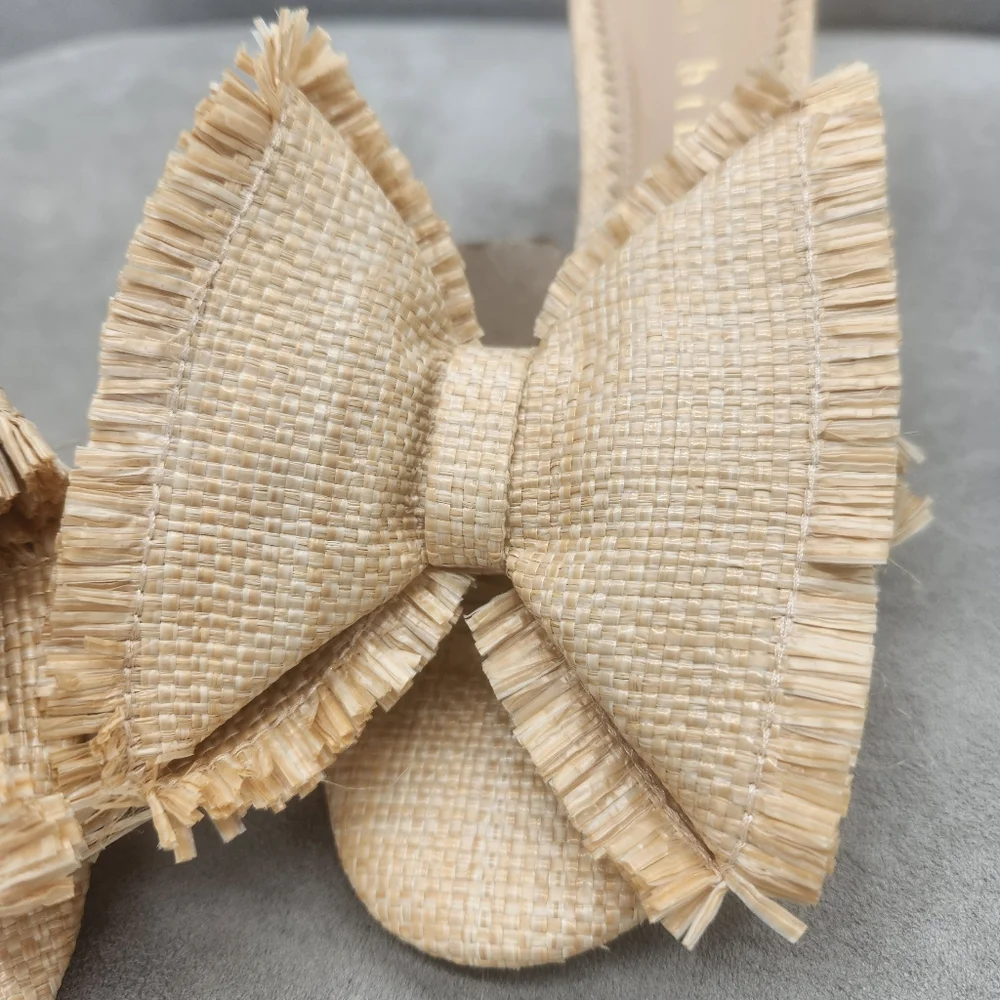 Gianni Bini Mules 8.5 Nude Beige Raffia Le Cadeau Kitten Heel Chunky Bow New$100 - Picture 8 of 16